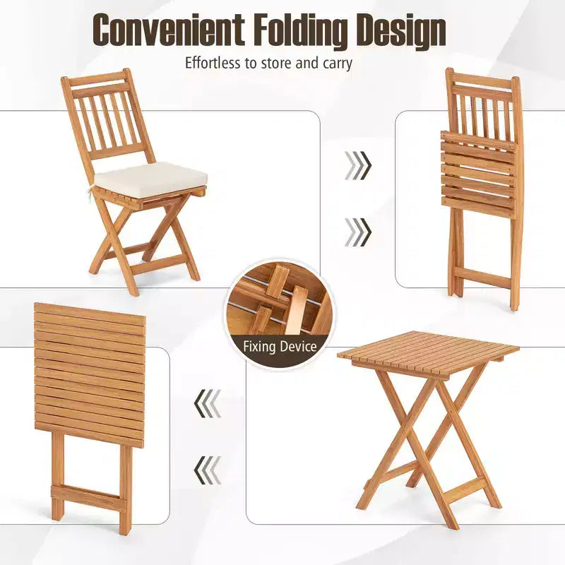 Costway 3-Piece Folding Bistro Set w/ Removable Seat Cushions Outdoor Table & Chairs