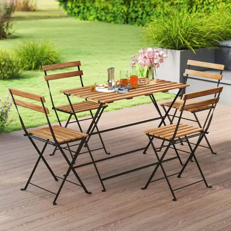 Costway 5 PCS Patio Acacia Wood Dining Set w/ 4 Folding Chairs Slatted Seat & Tabletop