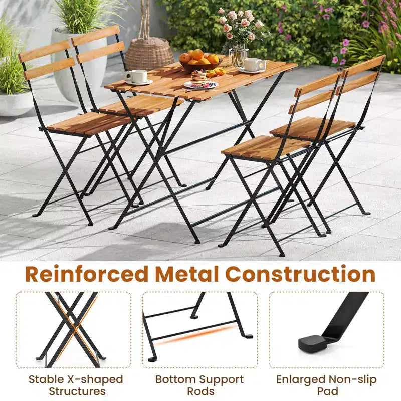 Costway 5 PCS Patio Acacia Wood Dining Set w/ 4 Folding Chairs Slatted Seat & Tabletop