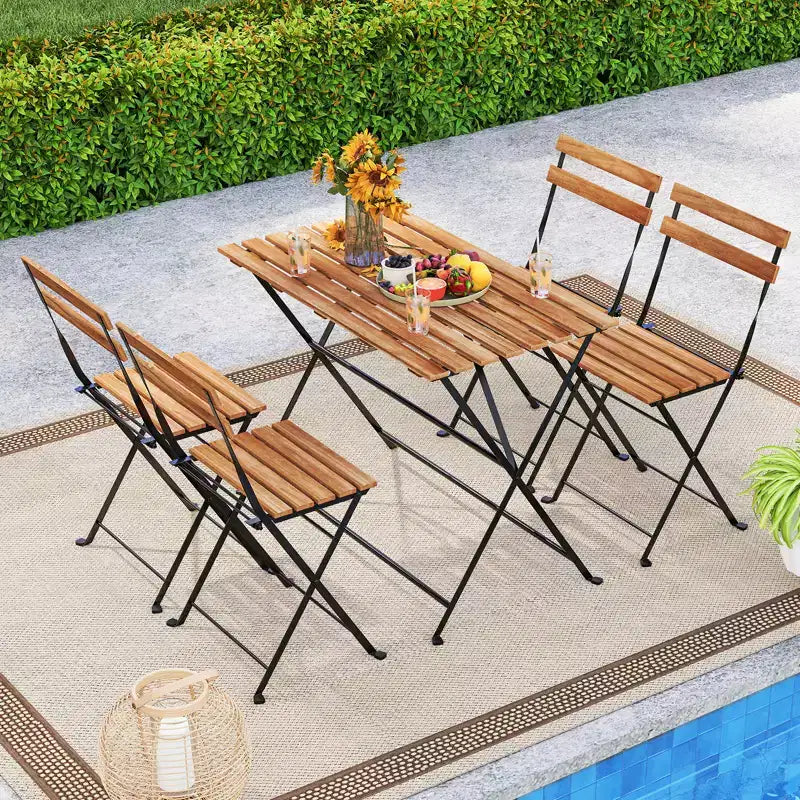 Costway 5 PCS Patio Acacia Wood Dining Set w/ 4 Folding Chairs Slatted Seat & Tabletop