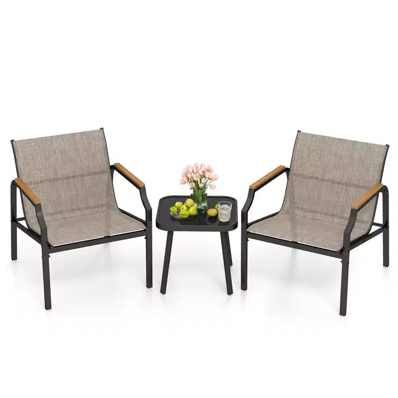 Costway 3 PCS Outdoor Chair Set Metal Frame Armchair & Table w/ Breathable Fabric Seat