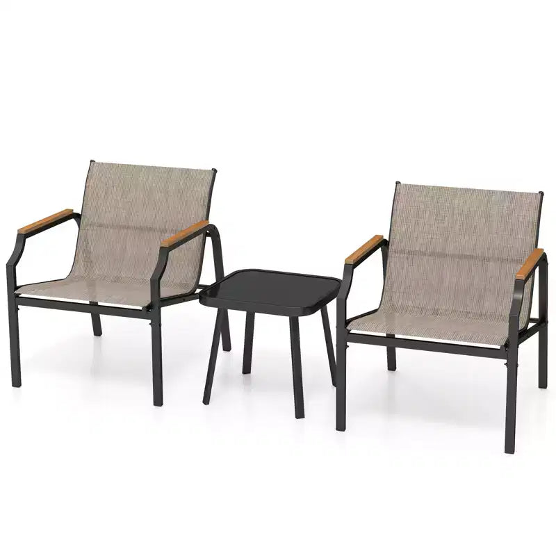 Costway 3 PCS Outdoor Chair Set Metal Frame Armchair & Table w/ Breathable Fabric Seat