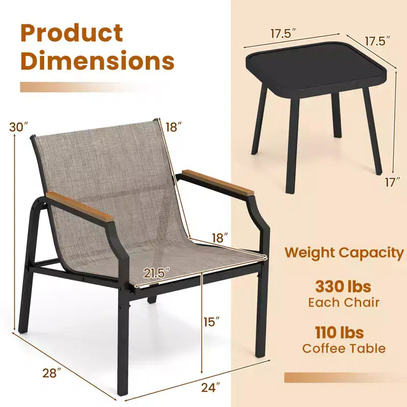 Costway 3 PCS Outdoor Chair Set Metal Frame Armchair & Table w/ Breathable Fabric Seat