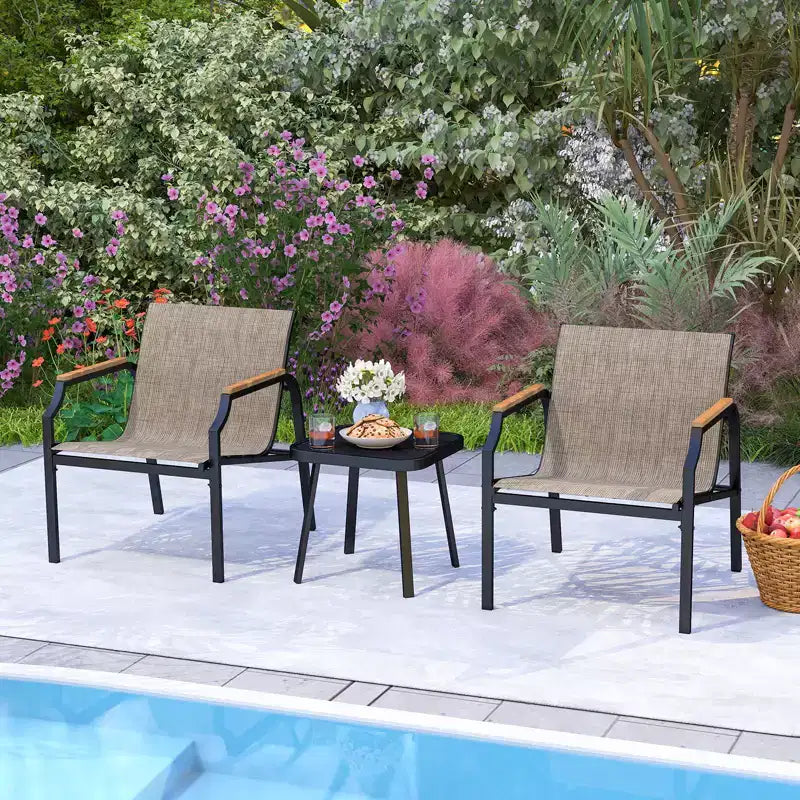 Costway 3 PCS Outdoor Chair Set Metal Frame Armchair & Table w/ Breathable Fabric Seat