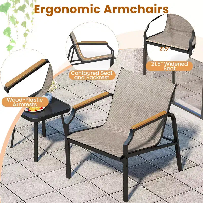 Costway 3 PCS Outdoor Chair Set Metal Frame Armchair & Table w/ Breathable Fabric Seat