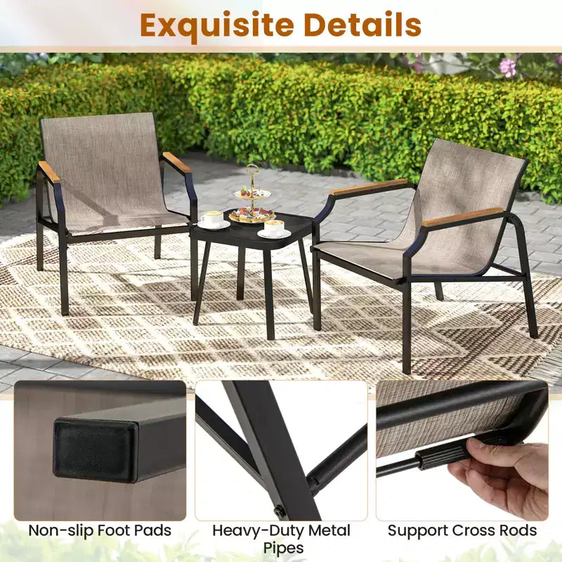 Costway 3 PCS Outdoor Chair Set Metal Frame Armchair & Table w/ Breathable Fabric Seat