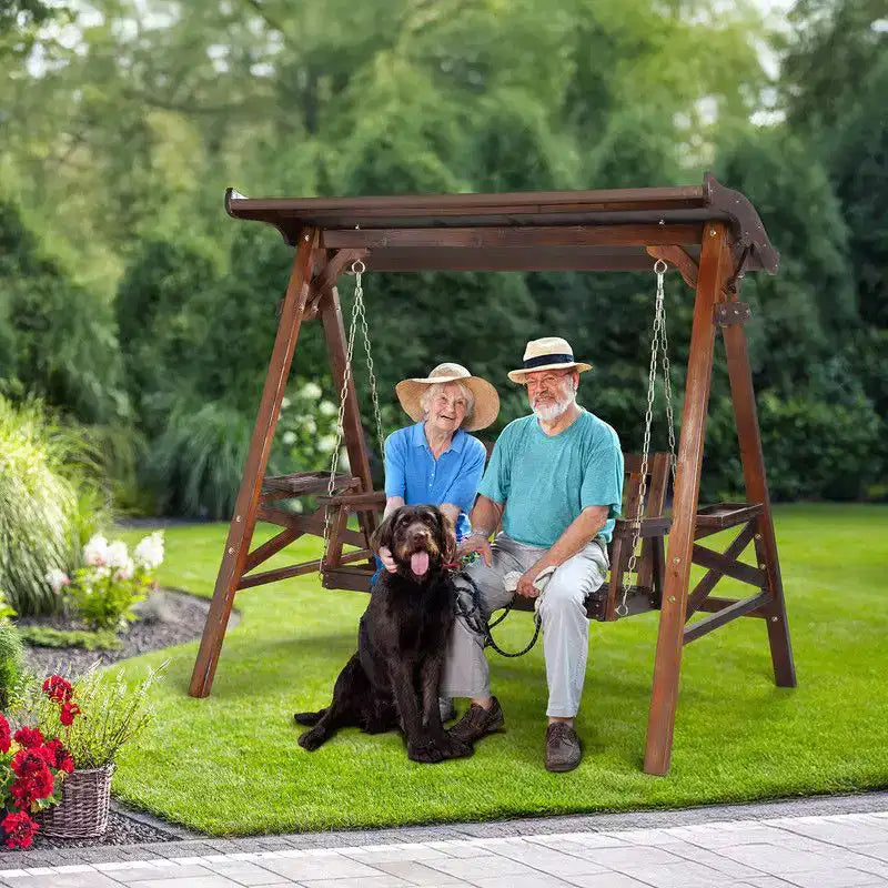 Karl Home 2-Person Patio Solid Wood Porch Swing Set with Rotatable Canopy in Tan