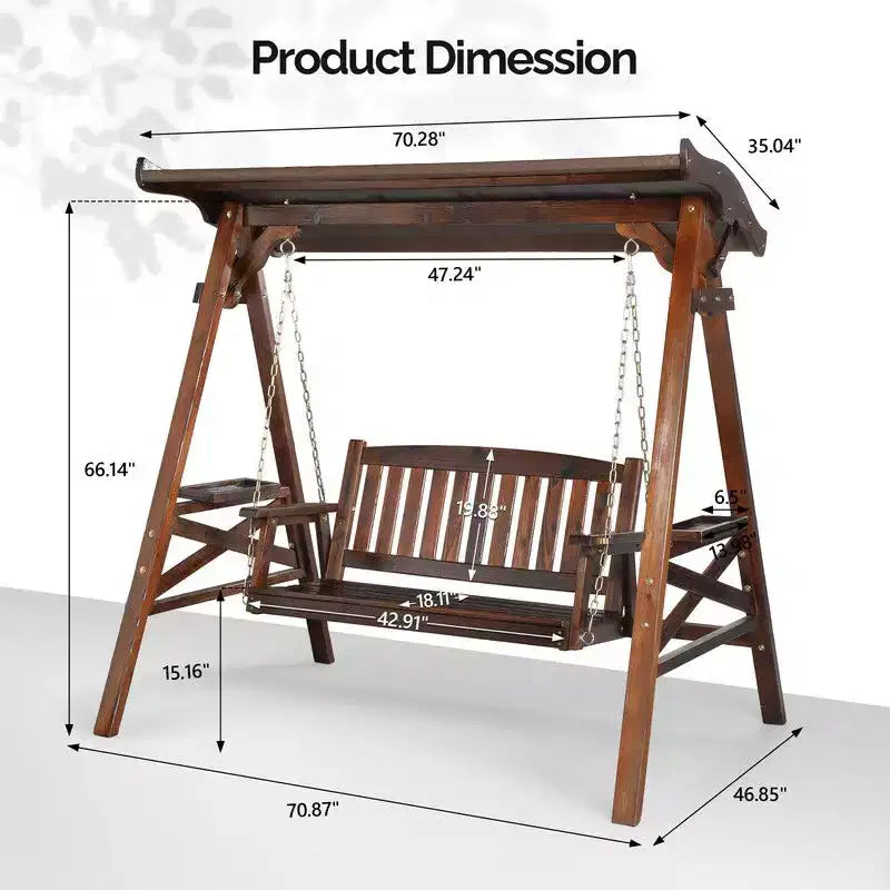 Karl Home 2-Person Patio Solid Wood Porch Swing Set with Rotatable Canopy in Tan
