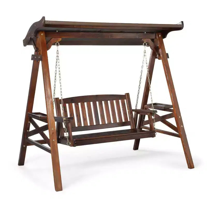 Karl Home 2-Person Patio Solid Wood Porch Swing Set with Rotatable Canopy in Tan