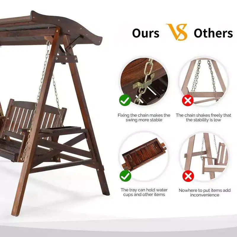 Karl Home 2-Person Patio Solid Wood Porch Swing Set with Rotatable Canopy in Tan
