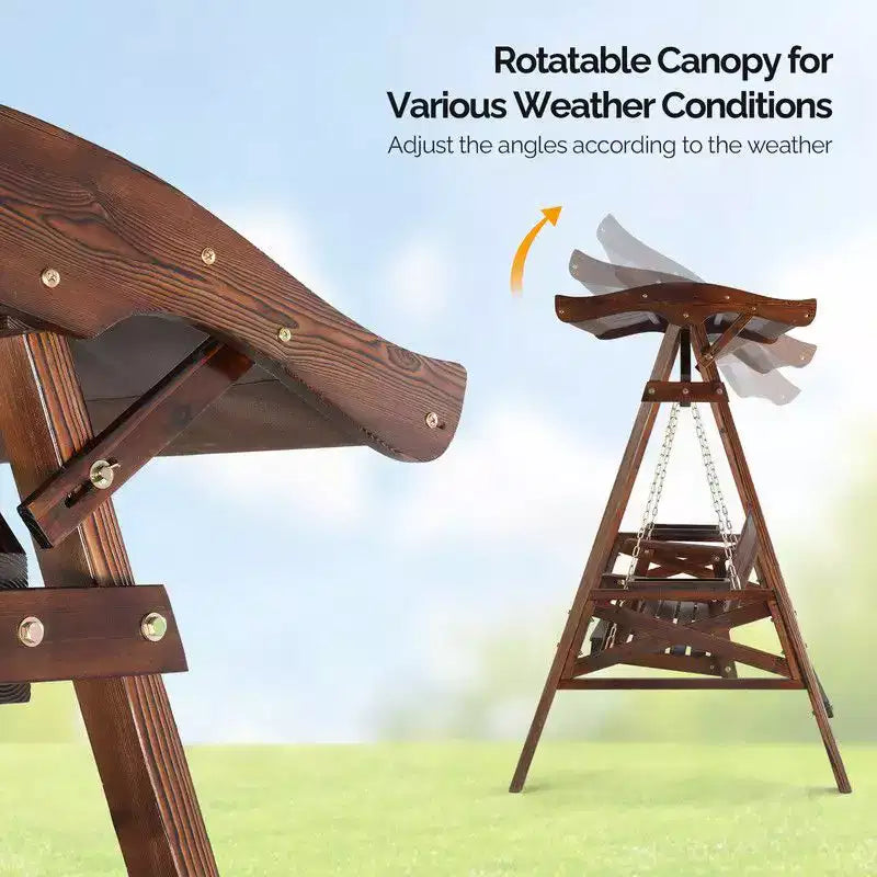 Karl Home 2-Person Patio Solid Wood Porch Swing Set with Rotatable Canopy in Tan