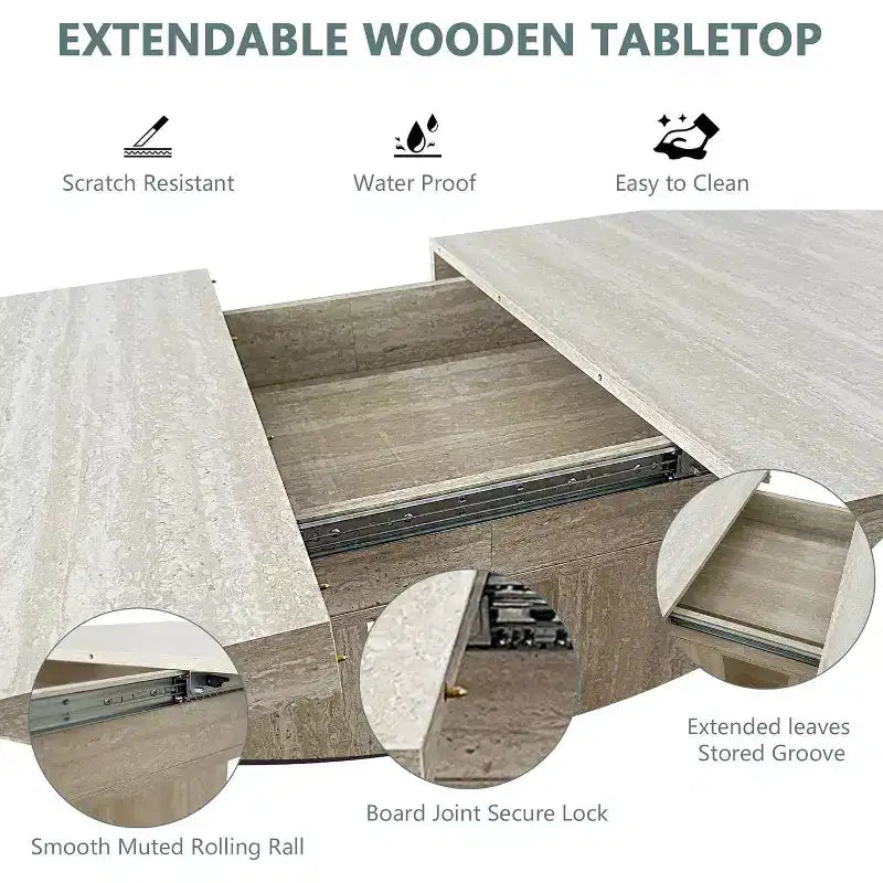 MooxvMoo 63-79 Rectangular Extendable Dining Table, Travertine-Inspired Veined Pattern, Modern Minimalist Design for Kitchen and Living Room, White