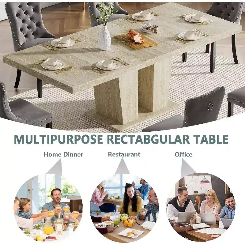 MooxvMoo 63-79 Rectangular Extendable Dining Table, Travertine-Inspired Veined Pattern, Modern Minimalist Design for Kitchen and Living Room, White