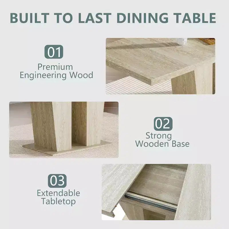 MooxvMoo 63-79 Rectangular Extendable Dining Table, Travertine-Inspired Veined Pattern, Modern Minimalist Design for Kitchen and Living Room, White