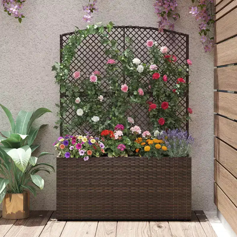 Costway 1/2 PCS 58 Raised Garden Bed with Trellis, Wicker Planter Box with Privacy Screen Brown/Black