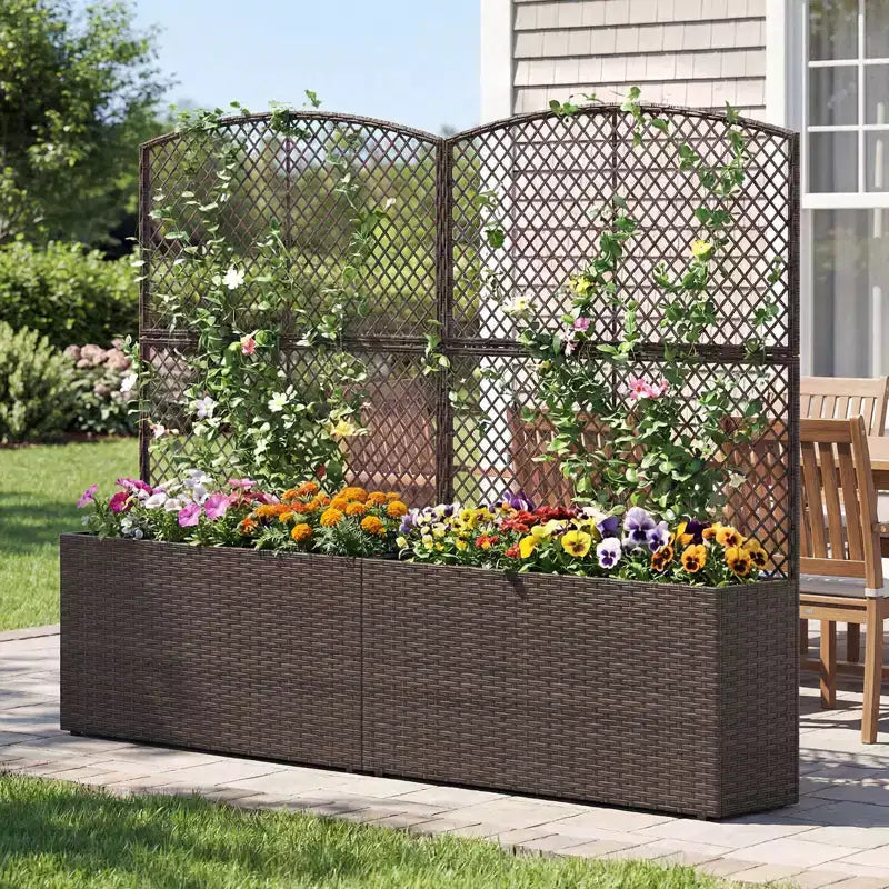 Costway 1/2 PCS 58 Raised Garden Bed with Trellis, Wicker Planter Box with Privacy Screen Brown/Black