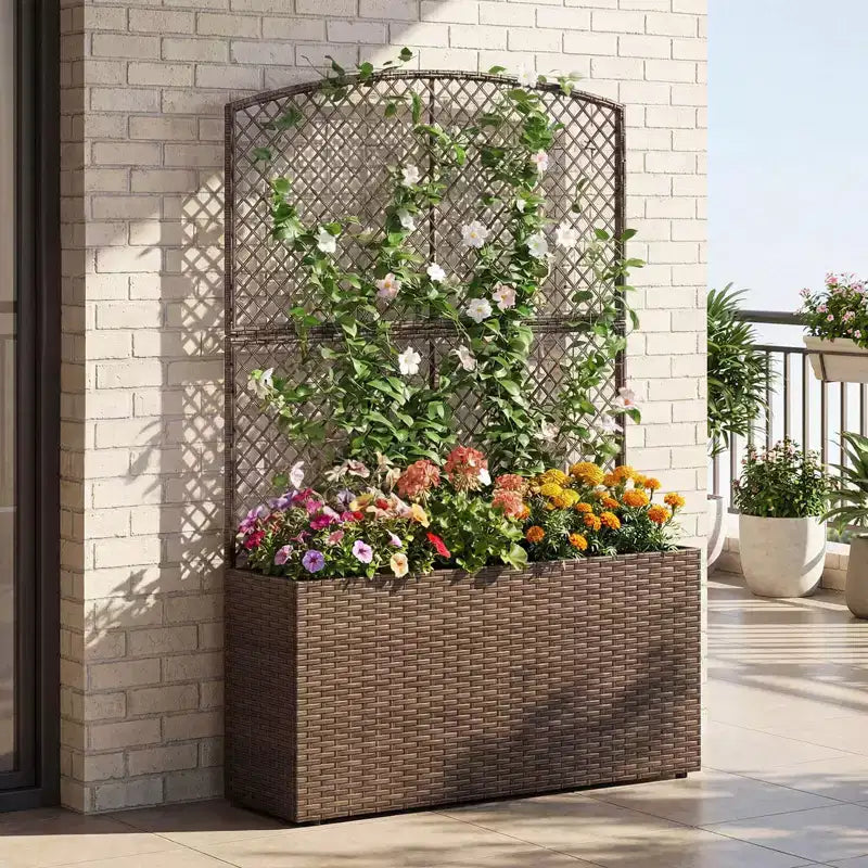 Costway 1/2 PCS 58 Raised Garden Bed with Trellis, Wicker Planter Box with Privacy Screen Brown/Black