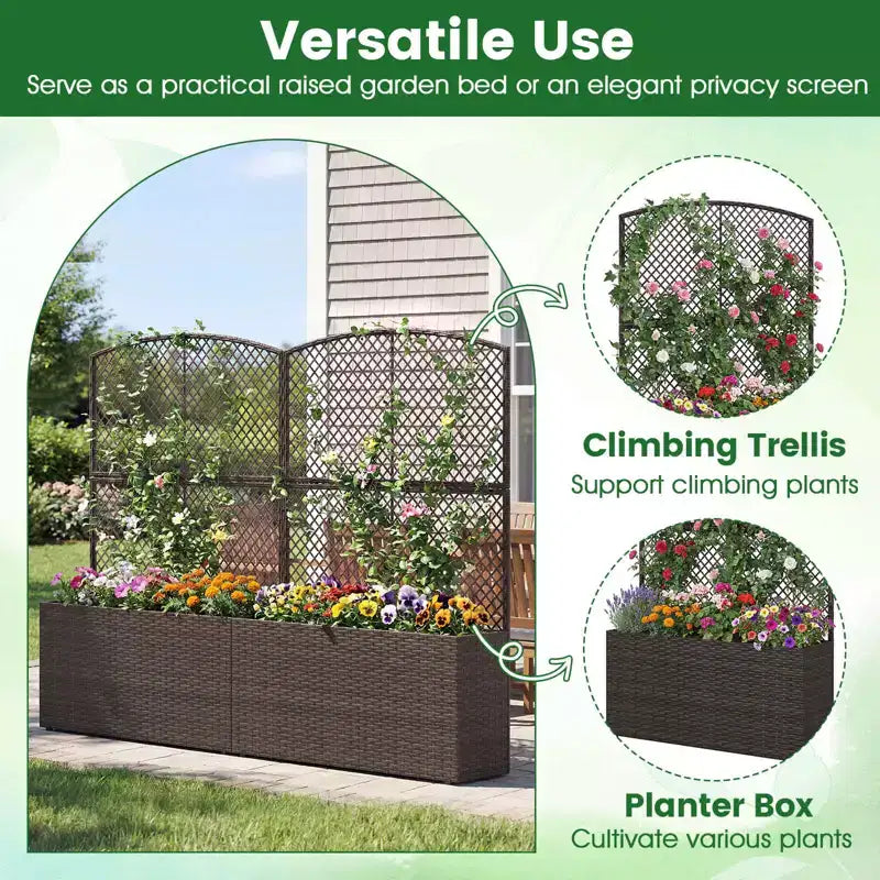 Costway 1/2 PCS 58 Raised Garden Bed with Trellis, Wicker Planter Box with Privacy Screen Brown/Black