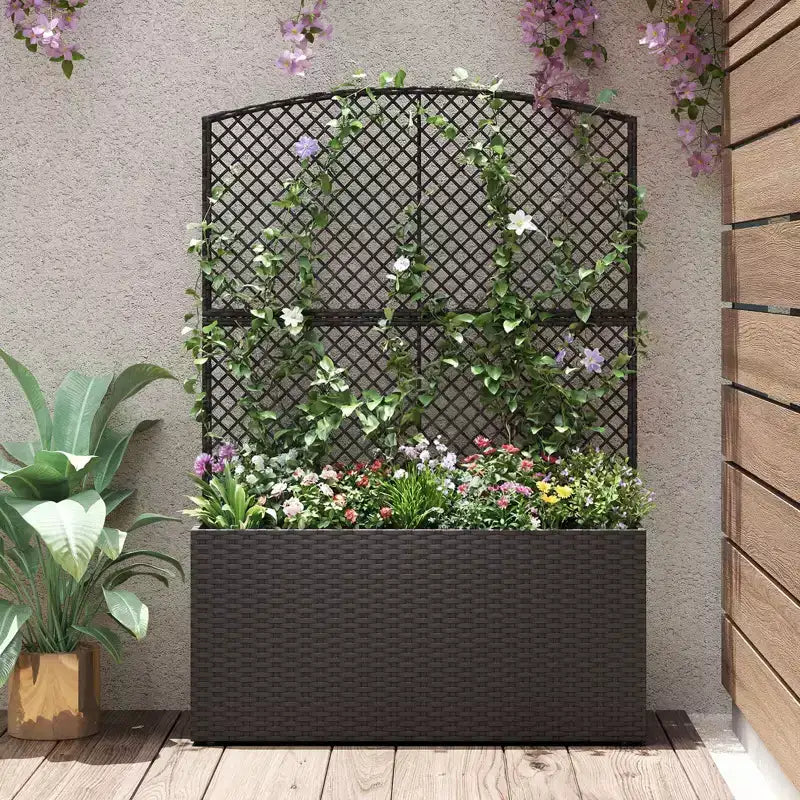 Costway 1/2 PCS 58 Raised Garden Bed with Trellis, Wicker Planter Box with Privacy Screen Brown/Black