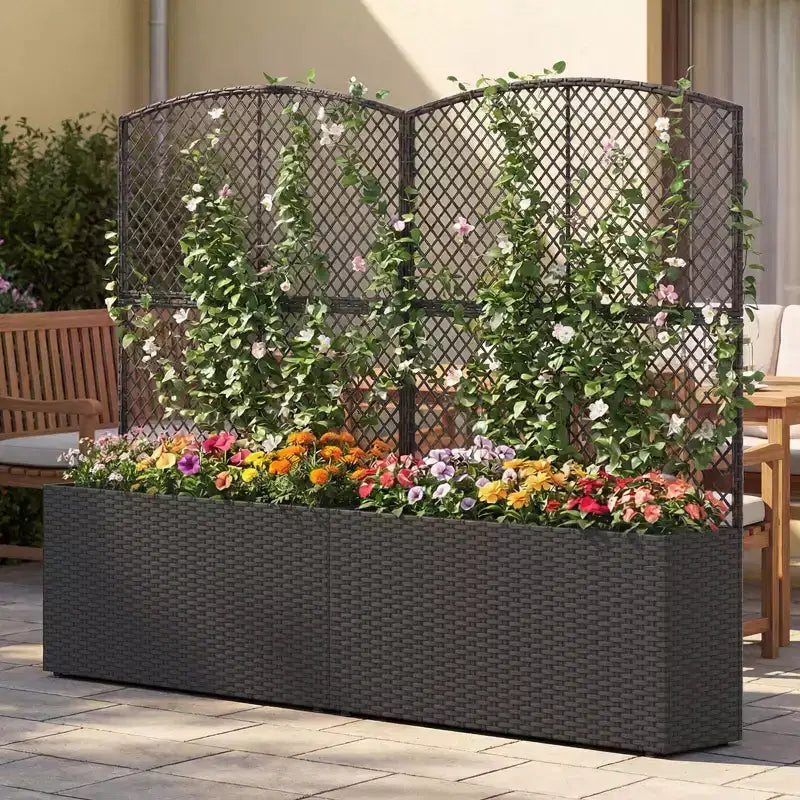 Costway 1/2 PCS 58 Raised Garden Bed with Trellis, Wicker Planter Box with Privacy Screen Brown/Black