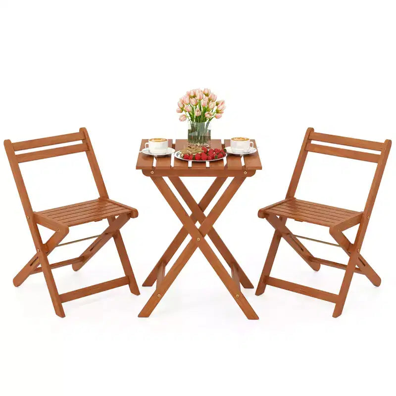 Costway 3 PCS Outdoor Wood Bistro Set w/ 2 Folding Chairs & Dining Table for Backyard
