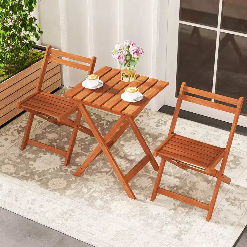 Costway 3 PCS Outdoor Wood Bistro Set w/ 2 Folding Chairs & Dining Table for Backyard