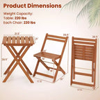 Costway 3 PCS Outdoor Wood Bistro Set w/ 2 Folding Chairs & Dining Table for Backyard
