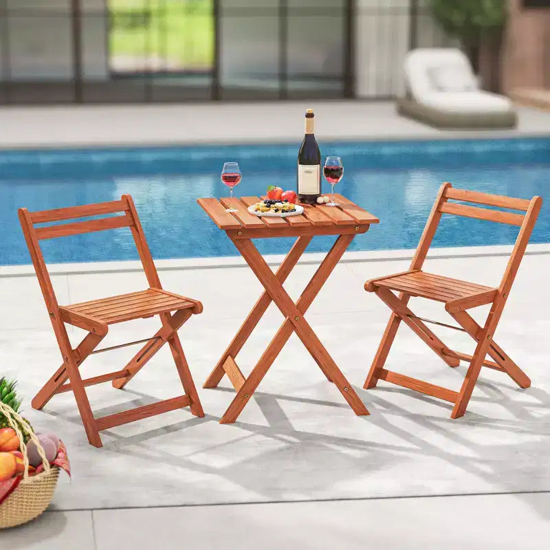 Costway 3 PCS Outdoor Wood Bistro Set w/ 2 Folding Chairs & Dining Table for Backyard