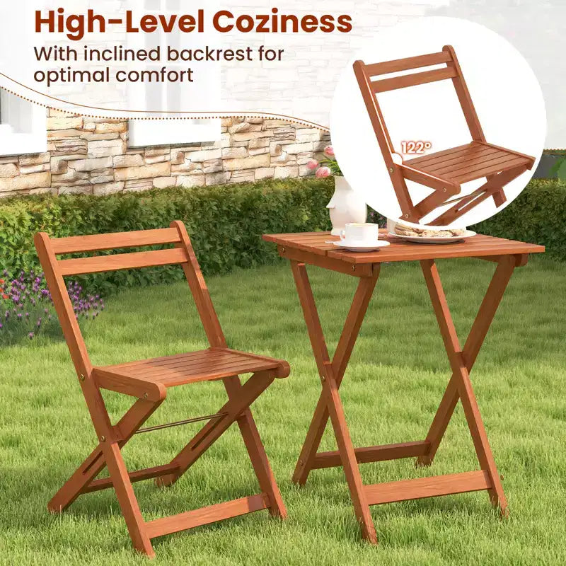 Costway 3 PCS Outdoor Wood Bistro Set w/ 2 Folding Chairs & Dining Table for Backyard