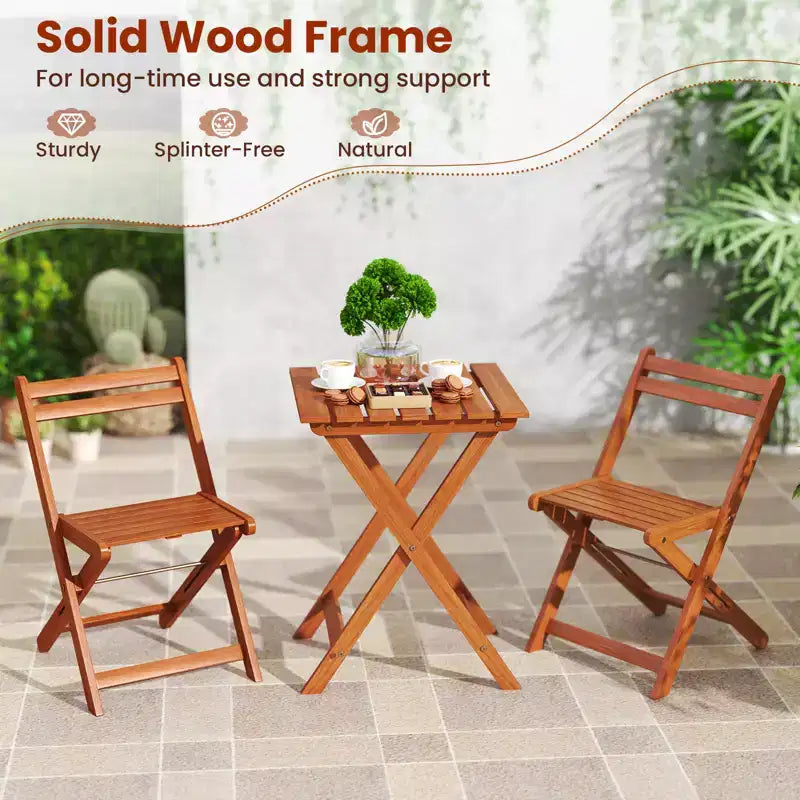 Costway 3 PCS Outdoor Wood Bistro Set w/ 2 Folding Chairs & Dining Table for Backyard