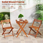 Costway 3 PCS Outdoor Wood Bistro Set w/ 2 Folding Chairs & Dining Table for Backyard