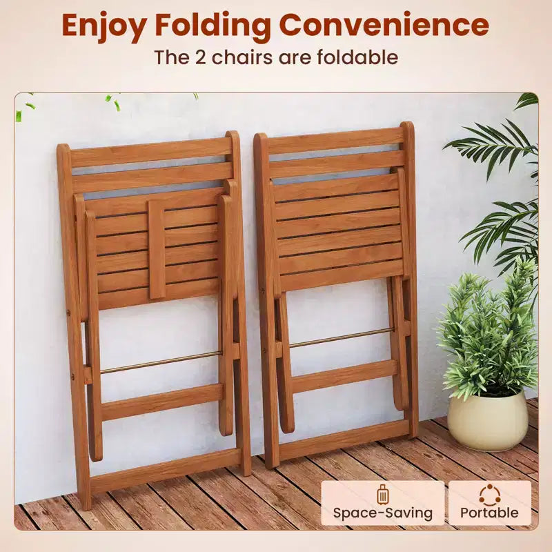 Costway 3 PCS Outdoor Wood Bistro Set w/ 2 Folding Chairs & Dining Table for Backyard
