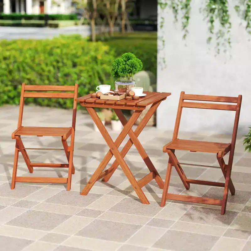 Costway 3 PCS Outdoor Wood Bistro Set w/ 2 Folding Chairs & Dining Table for Backyard