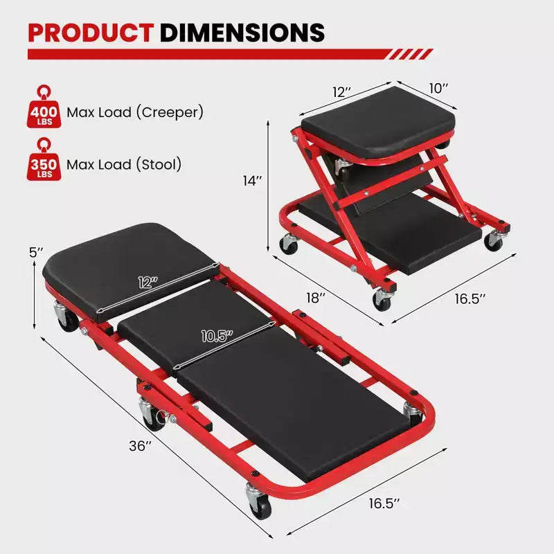 Costway 2-in-1 Z-Shaped Rolling Garage Stool, 36 Folding Flat Automotive Creeper