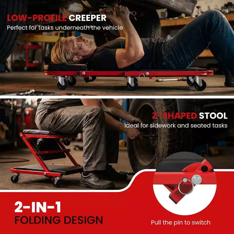 Costway 2-in-1 Z-Shaped Rolling Garage Stool, 36 Folding Flat Automotive Creeper