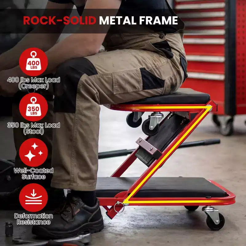 Costway 2-in-1 Z-Shaped Rolling Garage Stool, 36 Folding Flat Automotive Creeper