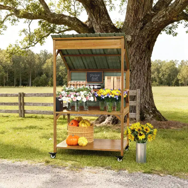GDLF Farm StandWooden Farmers Market Stand with Metal Roof for Farmhouse Decor, Events & Small Business Display