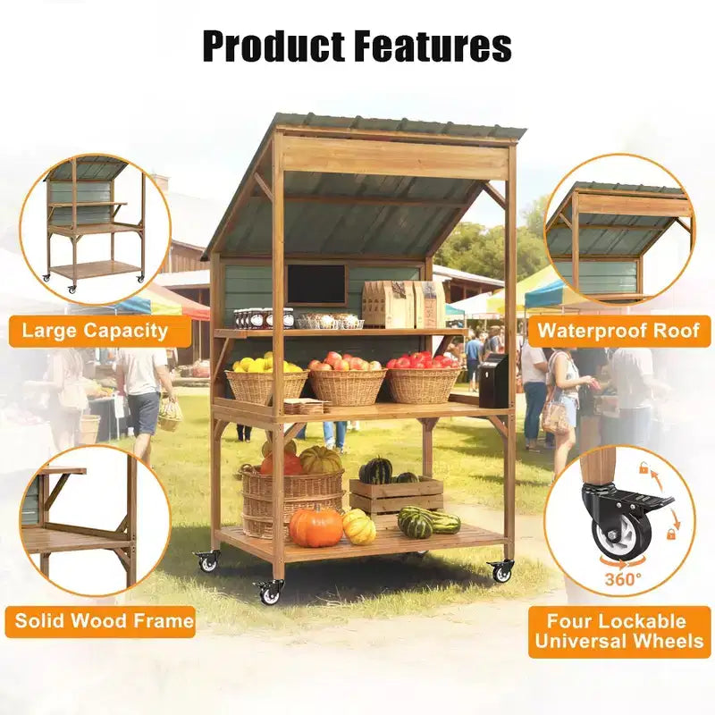 GDLF Farm StandWooden Farmers Market Stand with Metal Roof for Farmhouse Decor, Events & Small Business Display