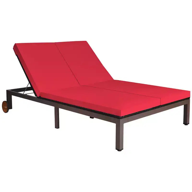 Gymax 2-Person Outdoor Rattan Lounge Chair Double Wicker Daybed Recliner w/ 5-Position Adjustable Backrest Wheels & Soft Cushion Off White/Red