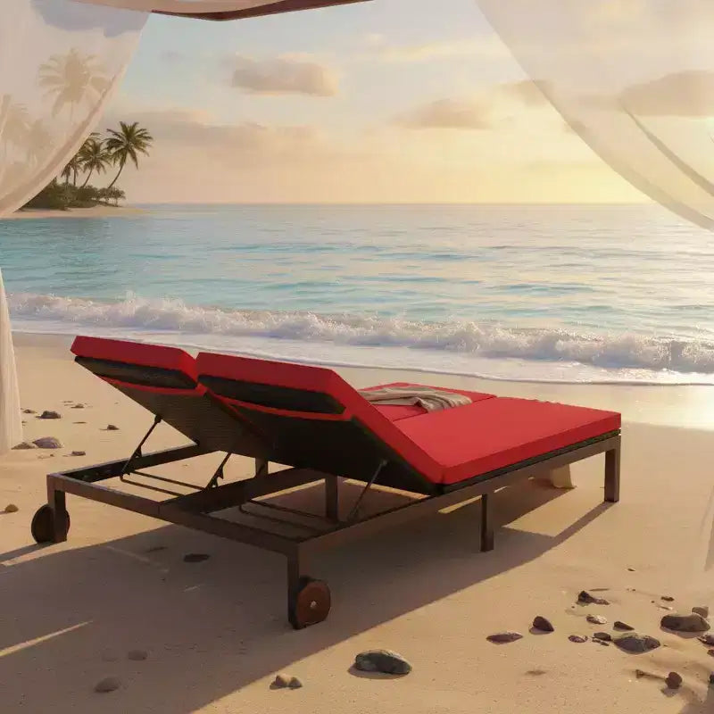 Gymax 2-Person Outdoor Rattan Lounge Chair Double Wicker Daybed Recliner w/ 5-Position Adjustable Backrest Wheels & Soft Cushion Off White/Red