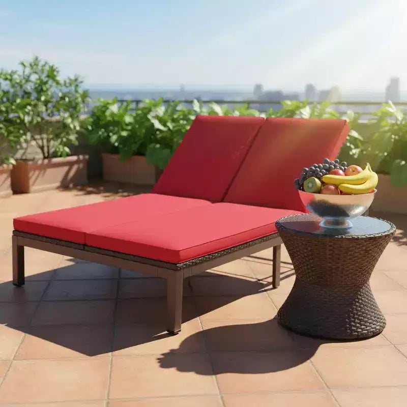 Gymax 2-Person Outdoor Rattan Lounge Chair Double Wicker Daybed Recliner w/ 5-Position Adjustable Backrest Wheels & Soft Cushion Off White/Red