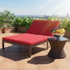 Gymax 2-Person Outdoor Rattan Lounge Chair Double Wicker Daybed Recliner w/ 5-Position Adjustable Backrest Wheels & Soft Cushion Off White/Red