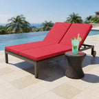 Gymax 2-Person Outdoor Rattan Lounge Chair Double Wicker Daybed Recliner w/ 5-Position Adjustable Backrest Wheels & Soft Cushion Off White/Red