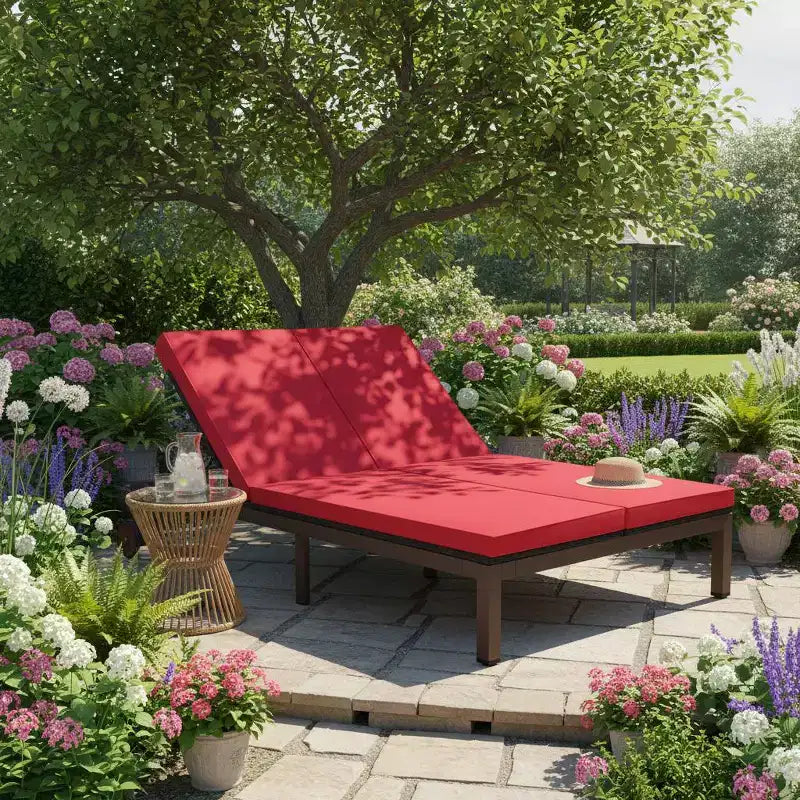 Gymax 2-Person Outdoor Rattan Lounge Chair Double Wicker Daybed Recliner w/ 5-Position Adjustable Backrest Wheels & Soft Cushion Off White/Red