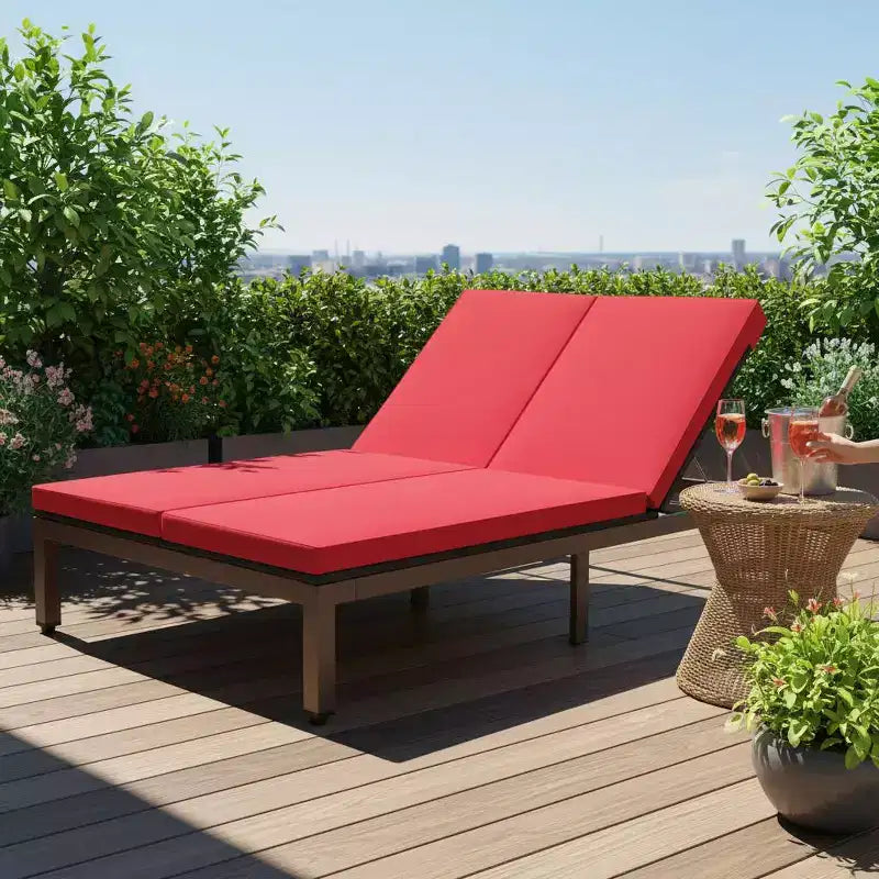Gymax 2-Person Outdoor Rattan Lounge Chair Double Wicker Daybed Recliner w/ 5-Position Adjustable Backrest Wheels & Soft Cushion Off White/Red