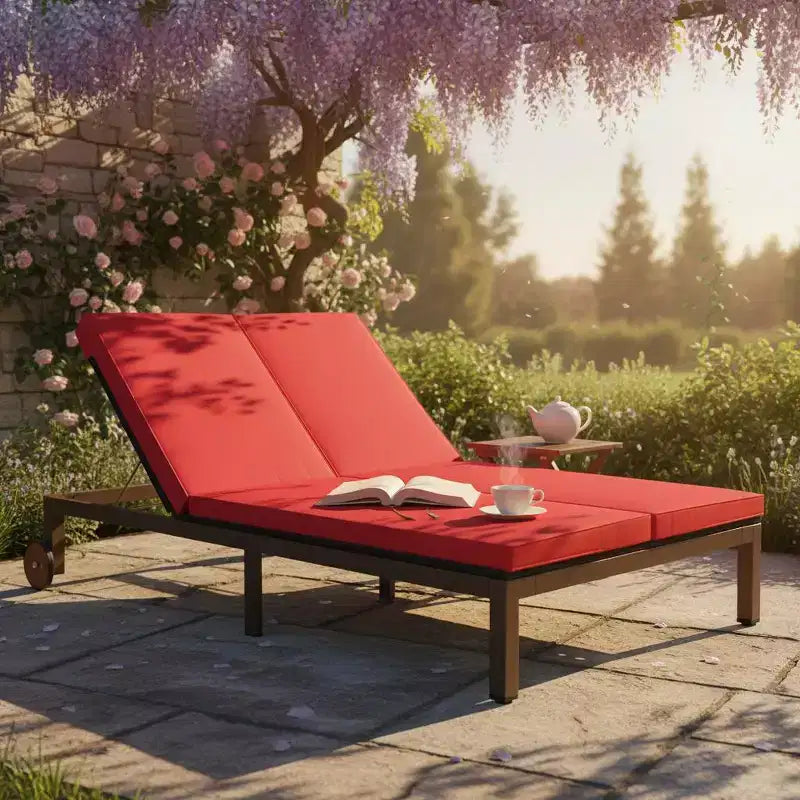 Gymax 2-Person Outdoor Rattan Lounge Chair Double Wicker Daybed Recliner w/ 5-Position Adjustable Backrest Wheels & Soft Cushion Off White/Red