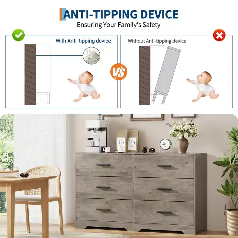 6 Drawer Double Dresser for Bedroom, Modern Wood Chest of Drawers with Metal Handles, Wide Storage Cabinet for Living Room Home Office