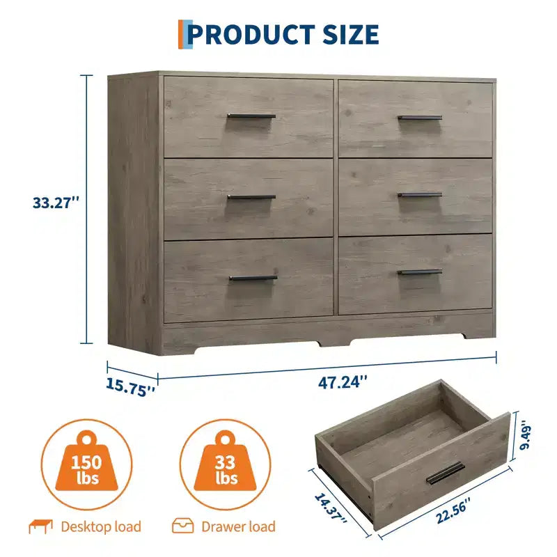 6 Drawer Double Dresser for Bedroom, Modern Wood Chest of Drawers with Metal Handles, Wide Storage Cabinet for Living Room Home Office