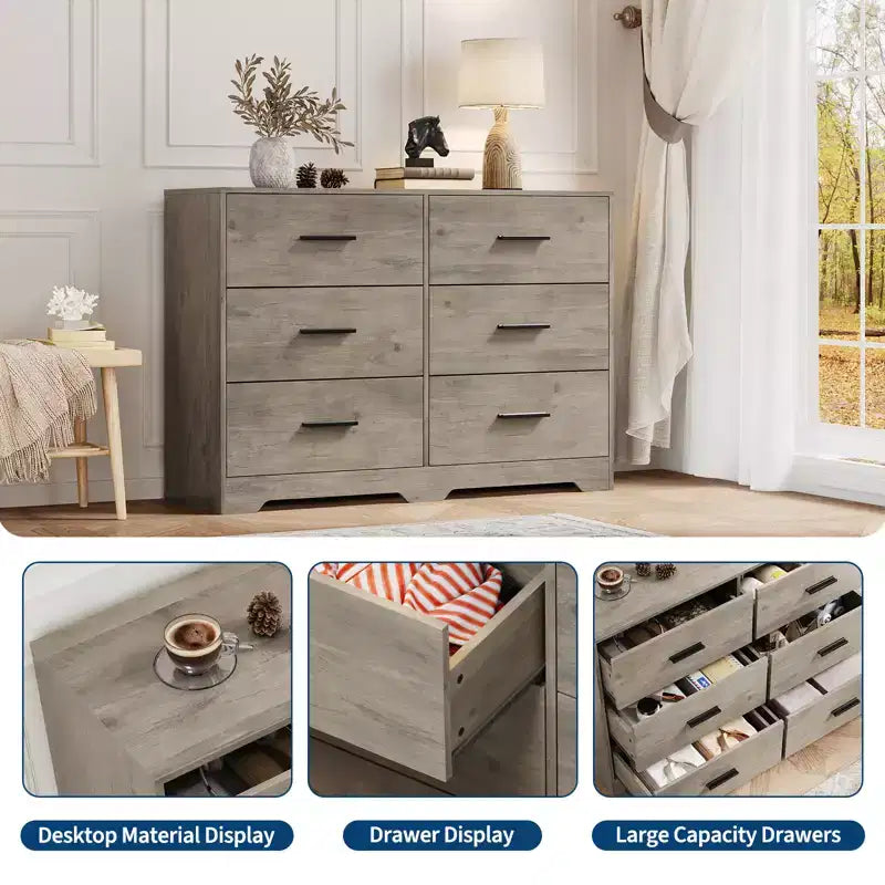 6 Drawer Double Dresser for Bedroom, Modern Wood Chest of Drawers with Metal Handles, Wide Storage Cabinet for Living Room Home Office