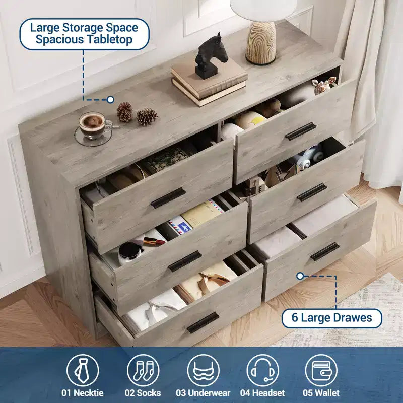 6 Drawer Double Dresser for Bedroom, Modern Wood Chest of Drawers with Metal Handles, Wide Storage Cabinet for Living Room Home Office